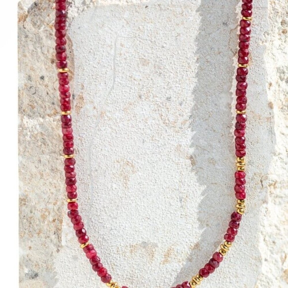 Ruby Beaded Necklace Gold Waterproof Chain July Birthstone Ruby Gemstone Jewelry - Picture 8 of 14